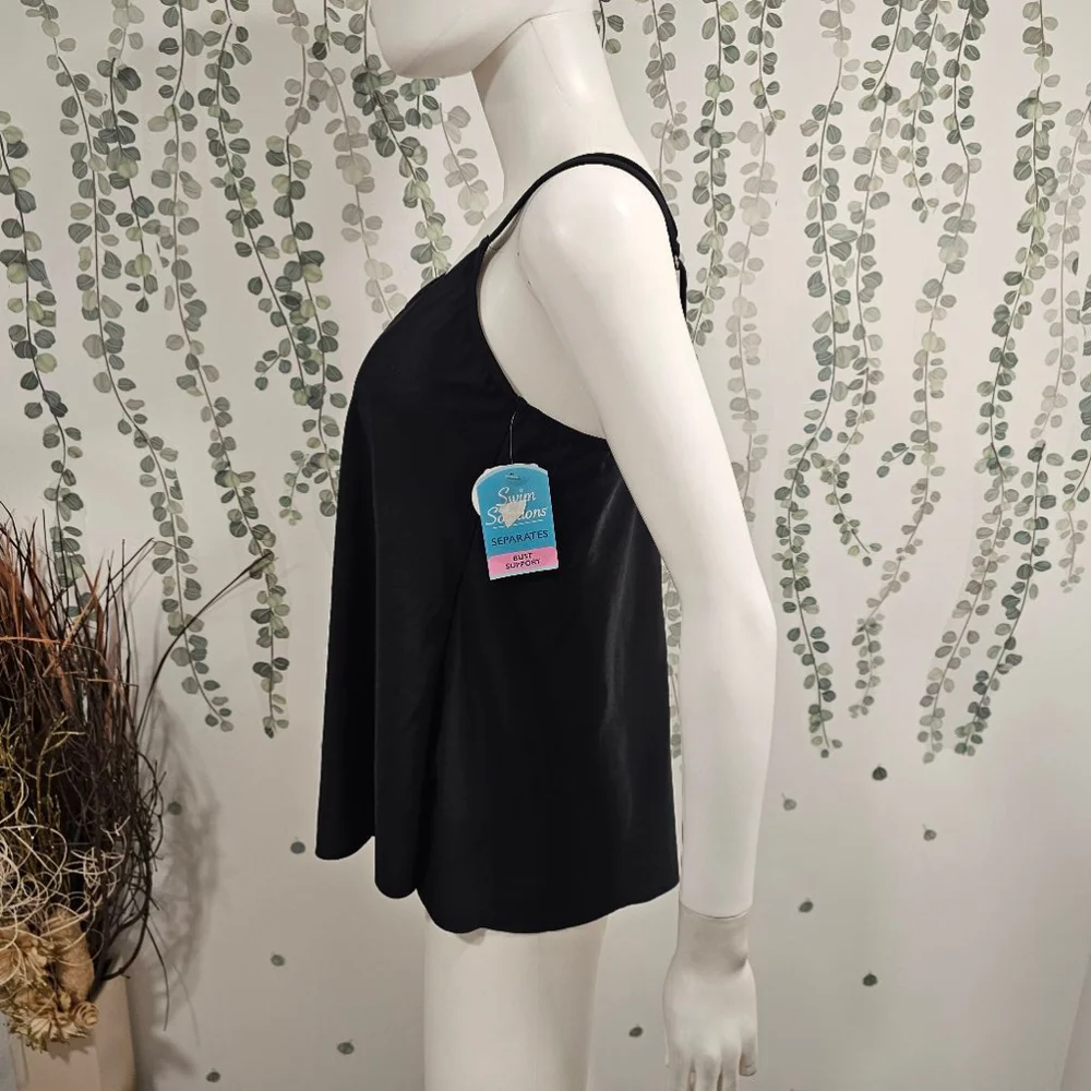SWIM SOLUTIONS Black Pleated Adjustable Scoop Neck Tankini Swimsuit Top Sz 12 - Picture 7 of 12